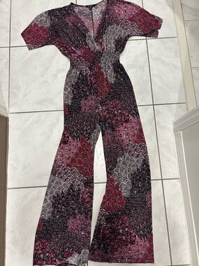 5th & Love Multi Color Parsley Printed Wide-Leg Jumpsuit V-Neck Short Sleeve M